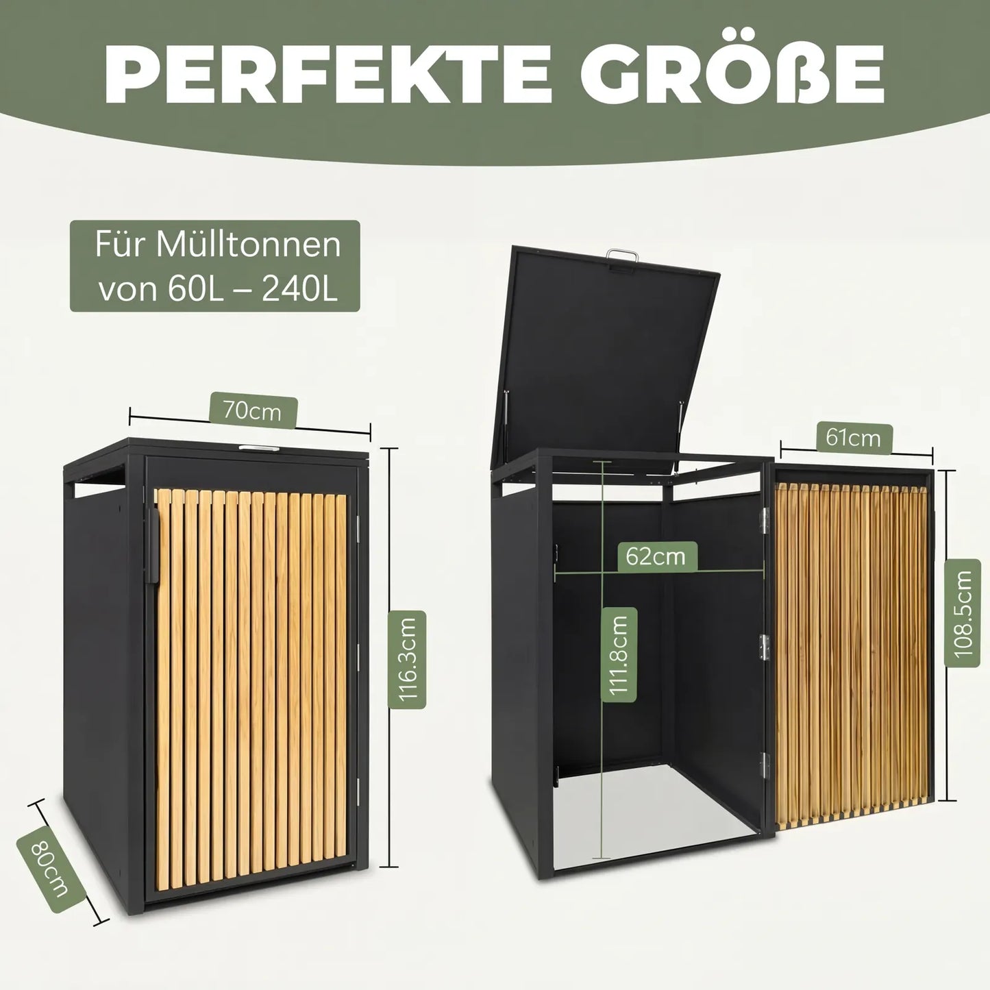 Mülltonnenbox 1er Eiche Natur mit anthrazitfarbenem Rahmen Maße offen