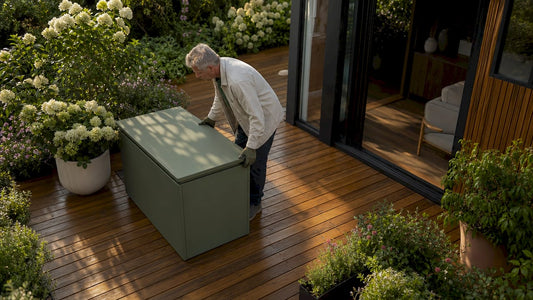 Ein Mann stellt im Garten eine wetterfeste Box zur Aufbewahrung auf.