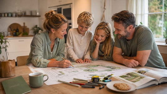 Eine Familie sitzt gemeinsam am Tisch und plant ihren Garten, dabei wird eine Skizze eifrig diskutiert.