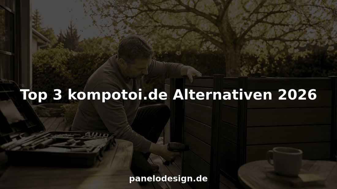 Ein Mann baut draußen eine Mülltonnenbox mit Holzoptik zusammen.