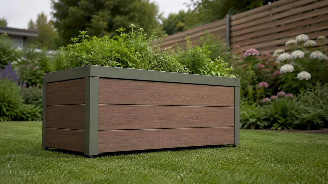 Zeitgemäße Gartenbox mit bepflanztem Dach – ein echter Hingucker für draußen.