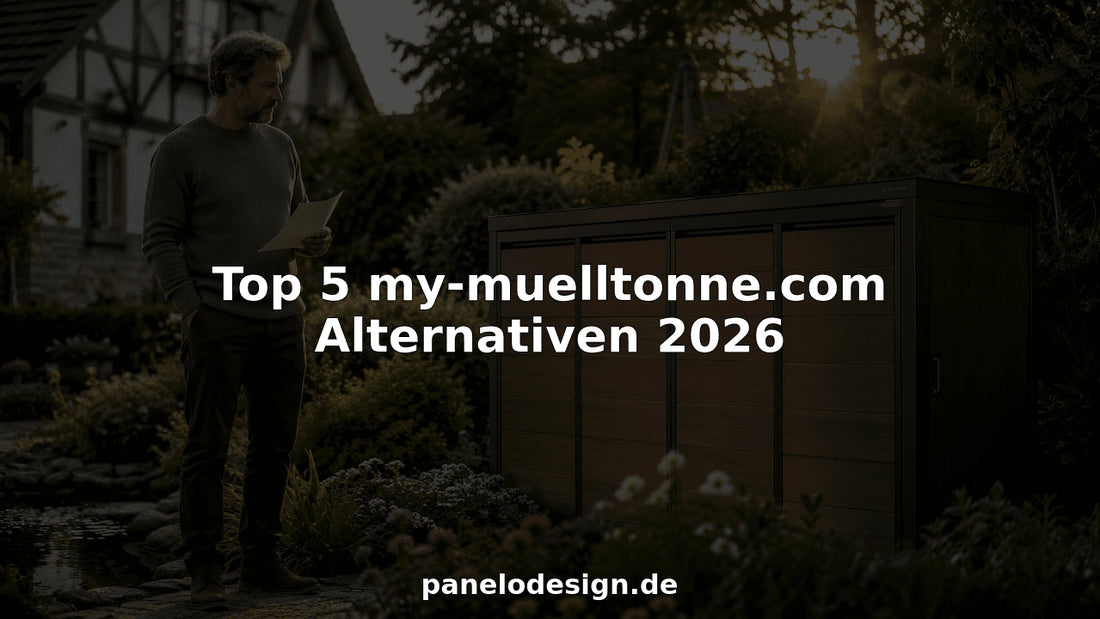 Ein Hausbesitzer begutachtet draußen eine Mülltonnenbox in Holzoptik.