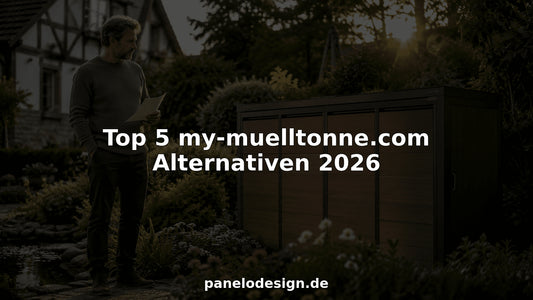 Ein Hausbesitzer begutachtet draußen eine Mülltonnenbox in Holzoptik.