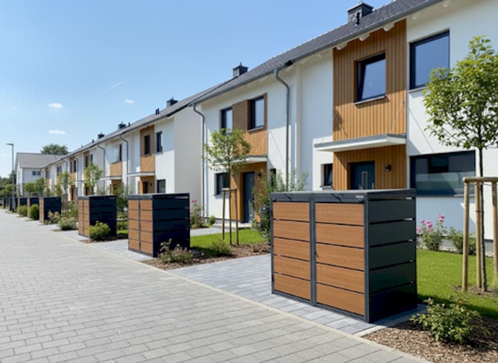 Ein Hausbesitzer begutachtet draußen eine Mülltonnenbox in Holzoptik.
