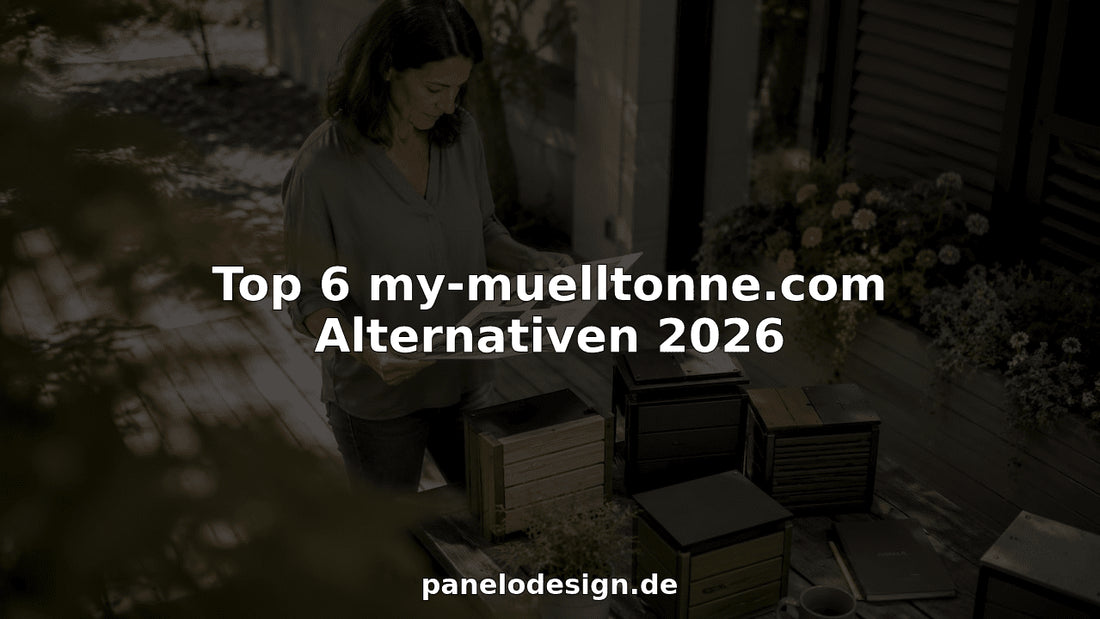 Eine Frau verschafft sich im Garten einen Überblick über verschiedene Modelle von Mülltonnenboxen.