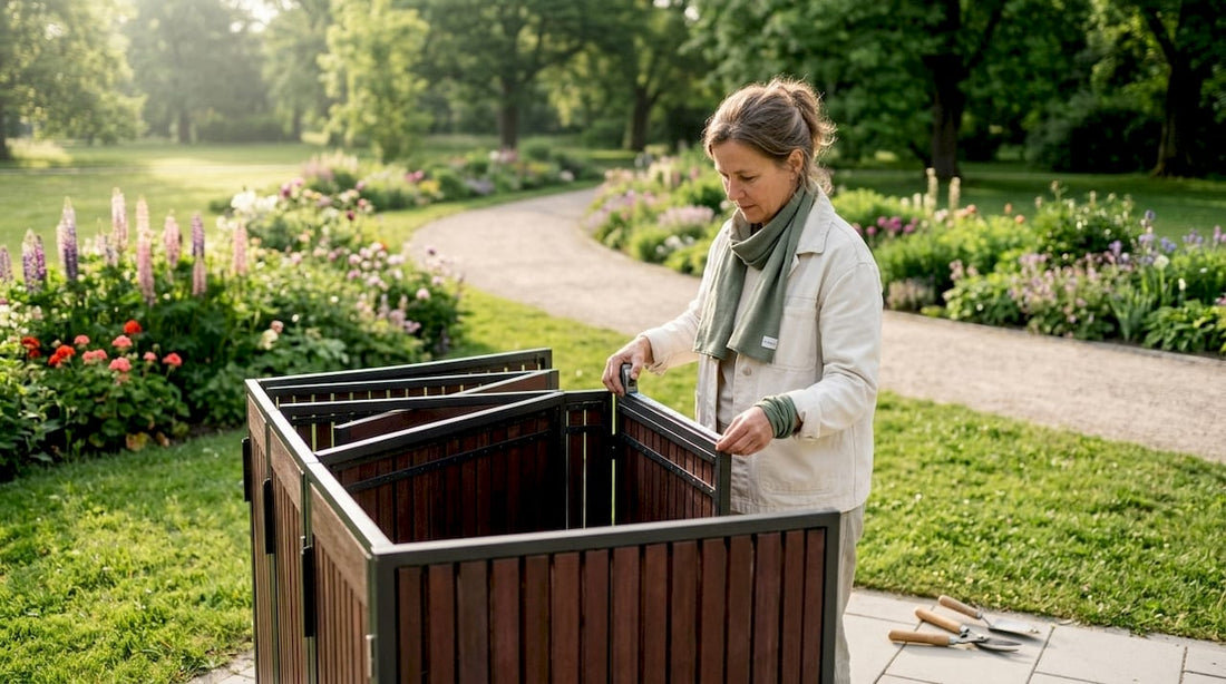 Eine Frau nimmt im Garten Maß an einer Designbox.