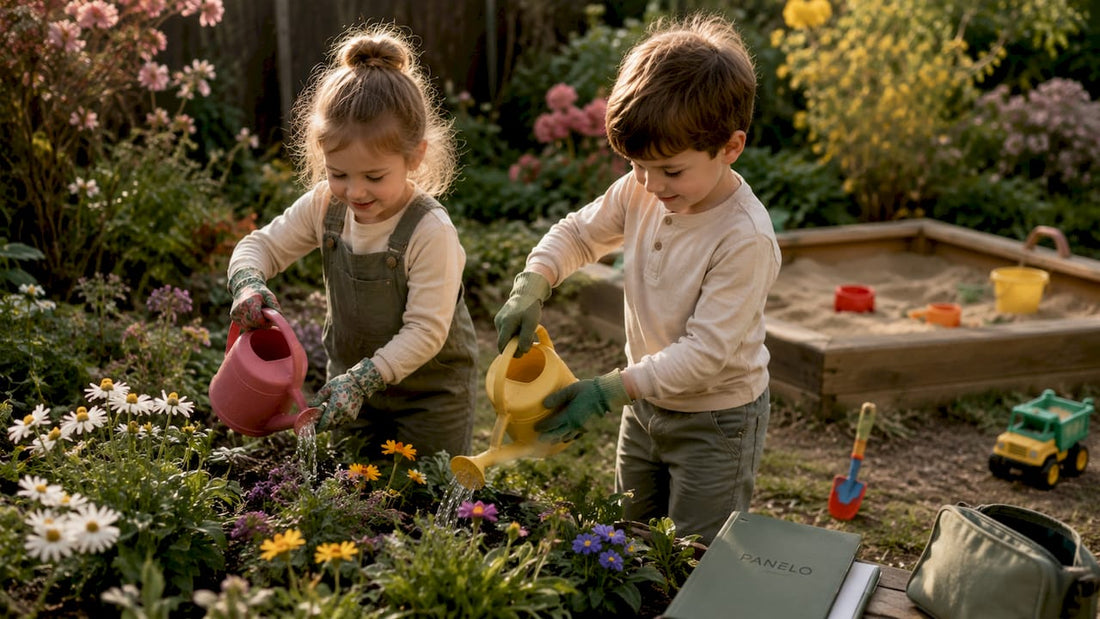 Im Garten tollen zwei Kinder unbeschwert herum.