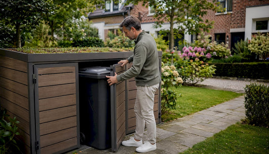 Ein Hausbesitzer öffnet die Müllbox im Vorgarten seiner Doppelhaushälfte.