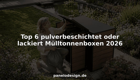 Ein Hauseigentümer schließt im Garten seine moderne, pulverbeschichtete Mülltonnenbox auf.