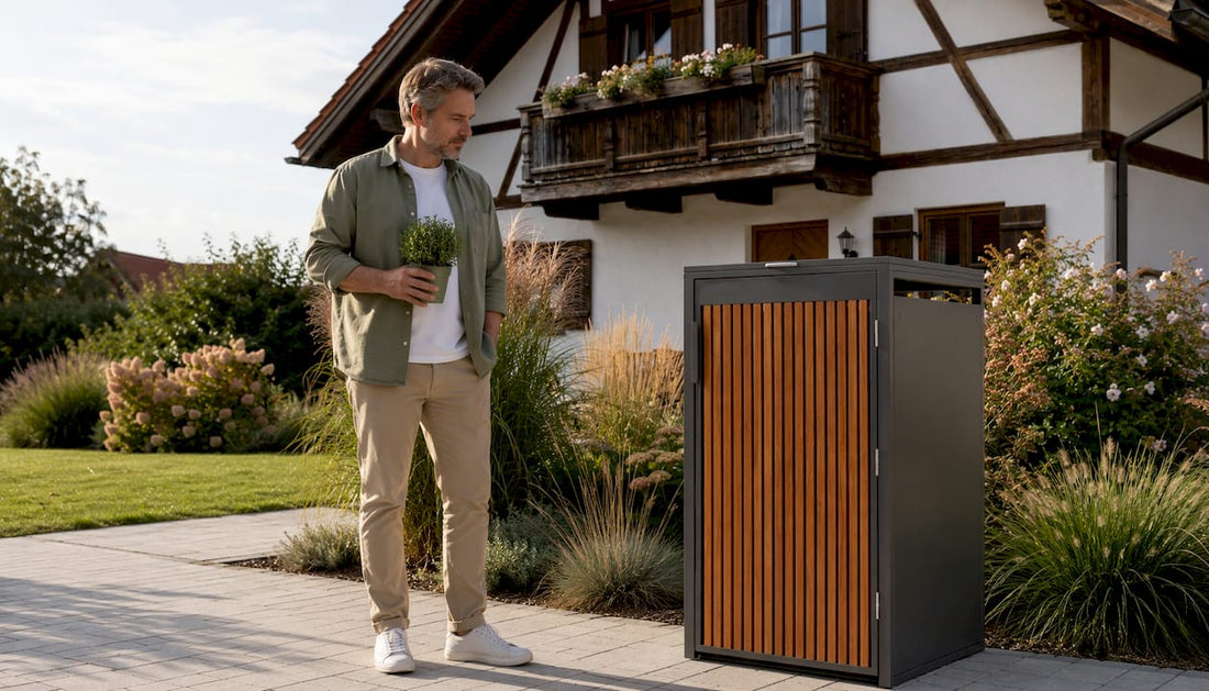 Ein Mann begutachtet eine Mülltonnenbox aus Metall in seinem Garten.