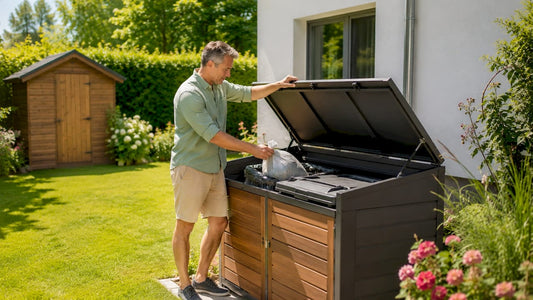Ein Hausbesitzer trennt seinen Müll direkt neben der doppelten Mülltonnenbox im Garten.