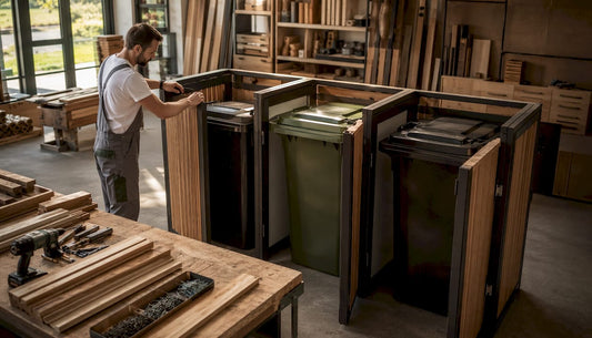 Handwerker montiert eine 3er Mülltonnenbox inklusive Tonnen.