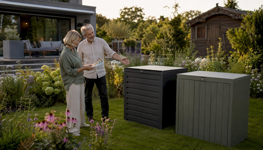 Ein älteres Ehepaar begutachtet verschiedene Mülltonnenboxen im eigenen Garten und vergleicht deren Vorteile.