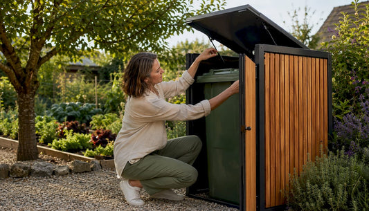 Eine stilvolle Mülltonnenbox in Holzoptik steht im Garten, während eine Frau daneben das schöne Ambiente genießt.