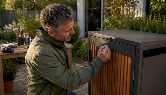Ein Handwerker behebt Kratzer an der Mülltonnenbox und sorgt wieder für ein ordentliches Erscheinungsbild.