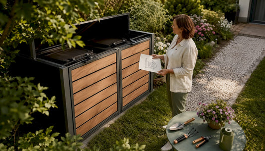 Eine Hausbesitzerin wirft einen prüfenden Blick auf ihre neue, modulare Mülltonnenbox im Vorgarten.
