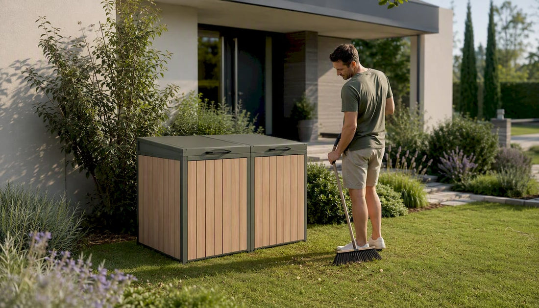 Eine Mülltonnenverkleidung in ansprechender Holzoptik fügt sich harmonisch in den Garten ein und sorgt für ein ordentliches Gesamtbild.