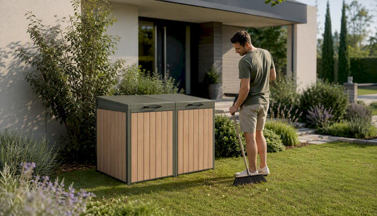 Eine Mülltonnenverkleidung in ansprechender Holzoptik fügt sich harmonisch in den Garten ein und sorgt für ein ordentliches Gesamtbild.