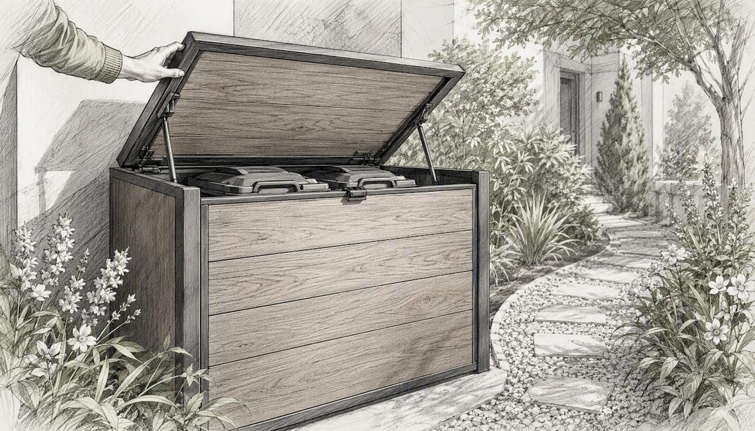 Im Vorgarten steht eine Mülltonnenbox in Holzoptik, deren Deckel offen ist.