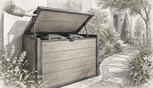 Im Vorgarten steht eine Mülltonnenbox in Holzoptik, deren Deckel offen ist.