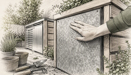 Eine Hand tastet im Freien die Oberflächen von verzinktem und Edelstahl, um die Unterschiede direkt zu vergleichen.