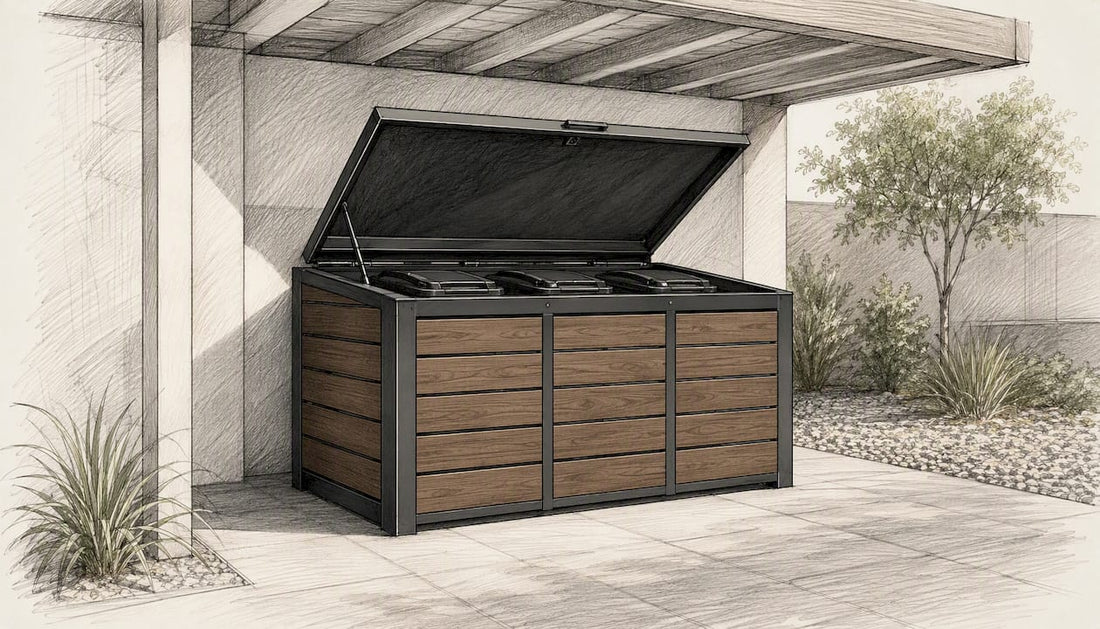 Die Mülltonnenbox in Holzoptik am Carport steht offen.