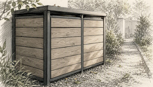 Eine stilvolle Mülltonnenbox in Holzoptik setzt vor dem modernen Neubau einen ansprechenden Akzent.