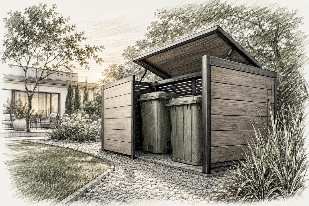 Modernes Wohnhaus mit stilvoller Mülltonnenbox in Holzoptik