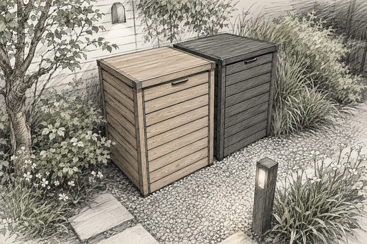 Mülltonnenboxen in verschiedenen Holzfarben für den Garten