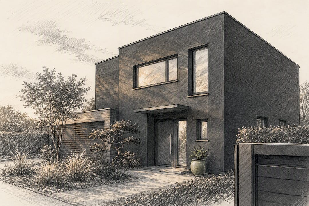 Hausfassade in modernem Anthrazit unter Sonnenlicht