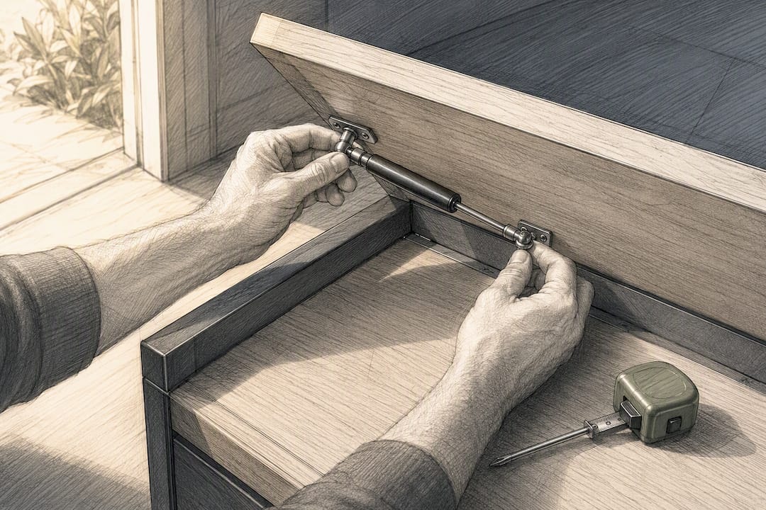 Hände befestigen Dämpfer am Deckel der Mülltonnenbox