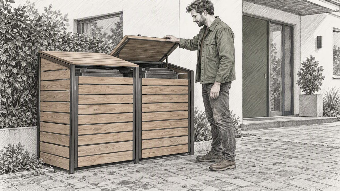 Hausbesitzer kontrolliert den ruhig schließenden Deckel der Mülltonnenbox