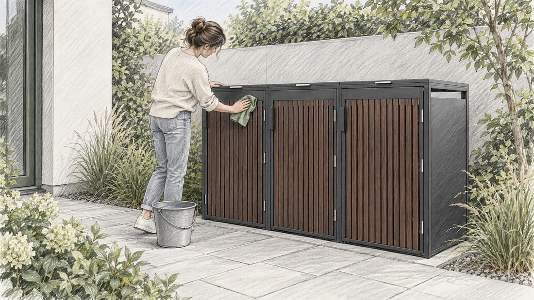 Mülltonnenbox in Holzoptik wird gesäubert