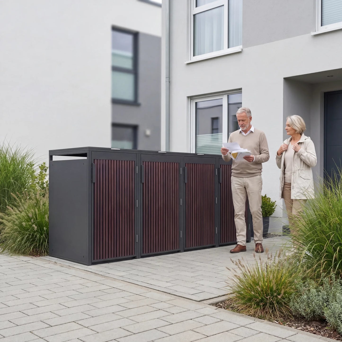 Mülltonnenbox 4er Eiche Graphite für vier Mülltonnen im Außenbereich