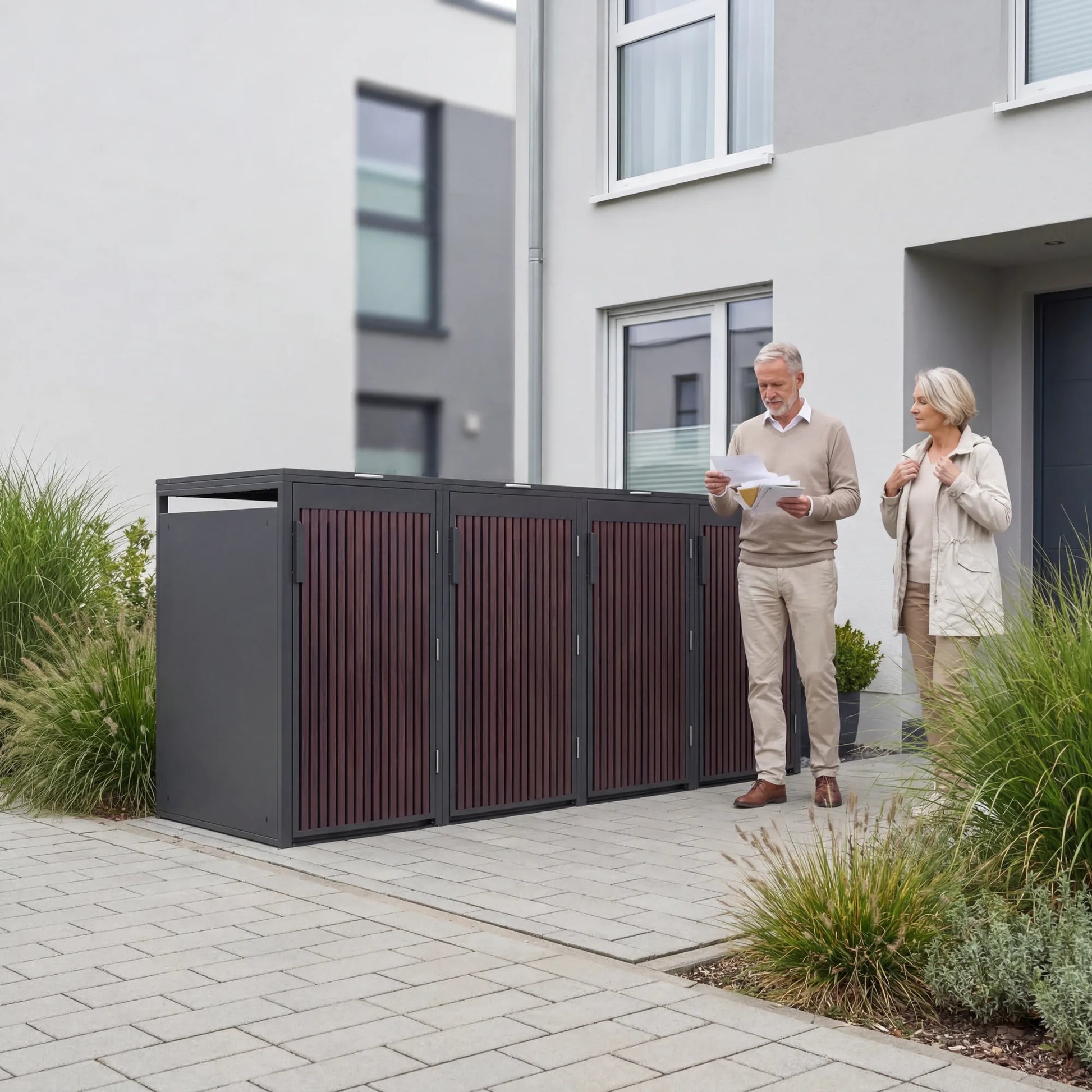 Mülltonnenbox 4er Eiche Graphite für vier Mülltonnen im Außenbereich