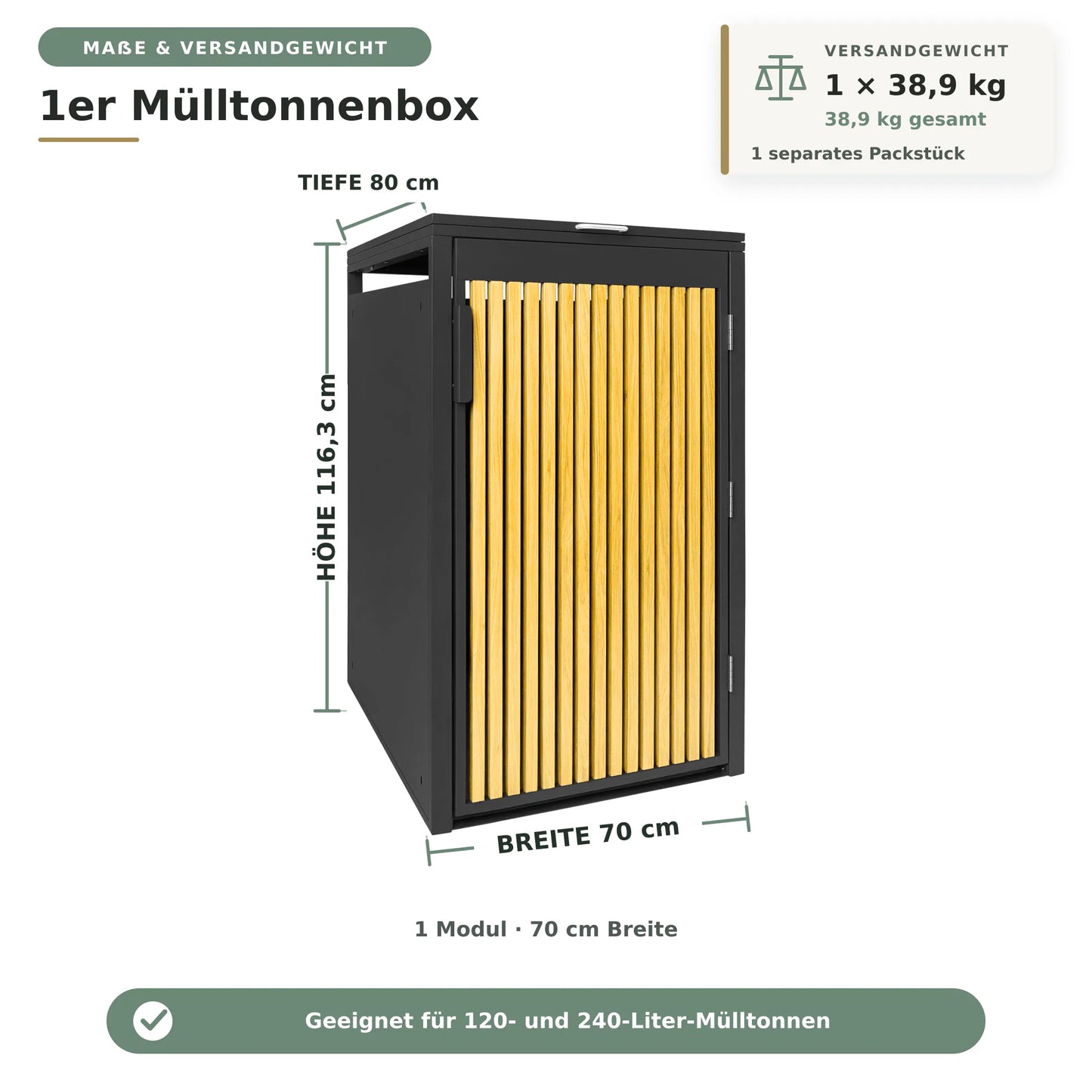 Mülltonnenbox Eiche natur Maße und Versandgewicht
