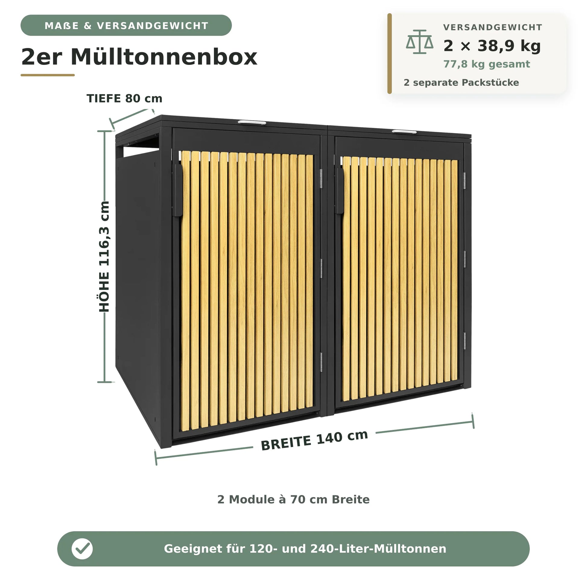 Mülltonnenbox 2er Eiche Natur Maße und Versandgewicht