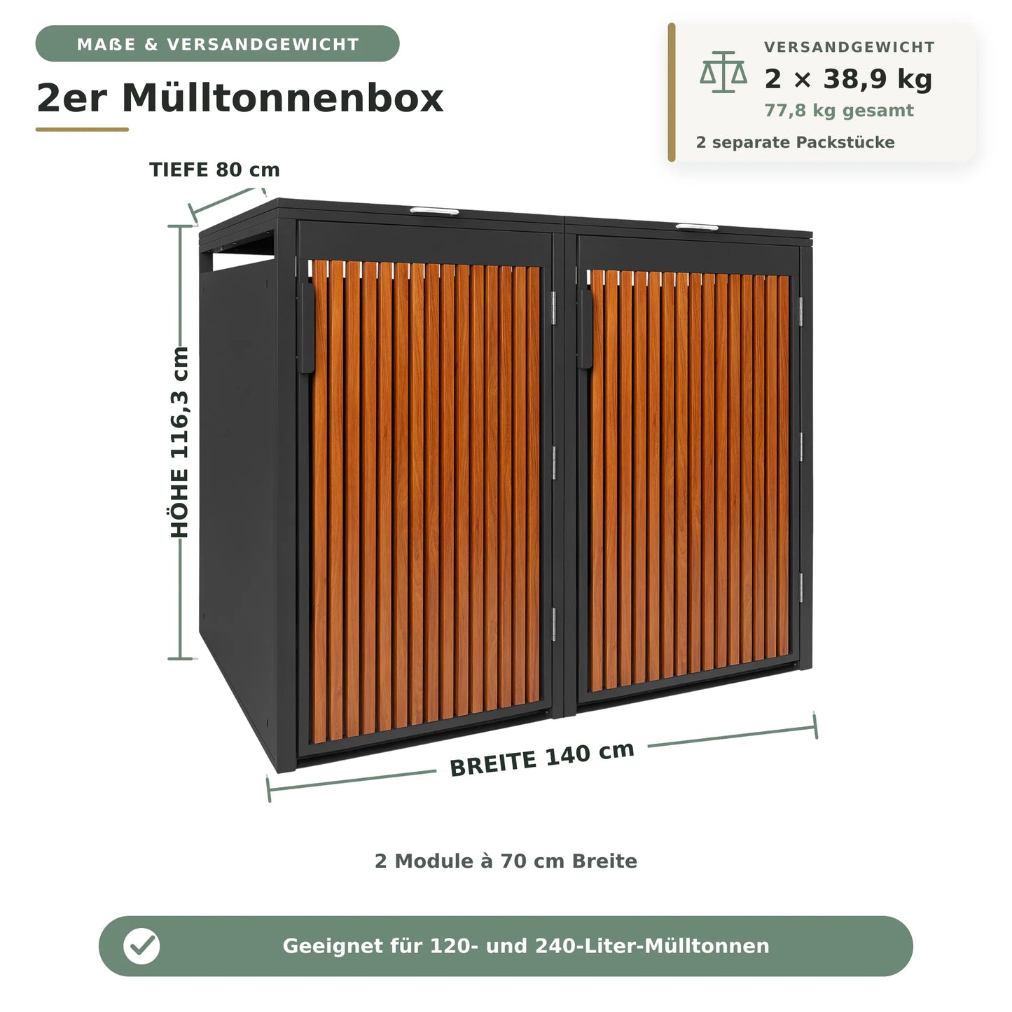 Mülltonnenbox 2er Eiche Nussbraun Maße und Versandgewicht