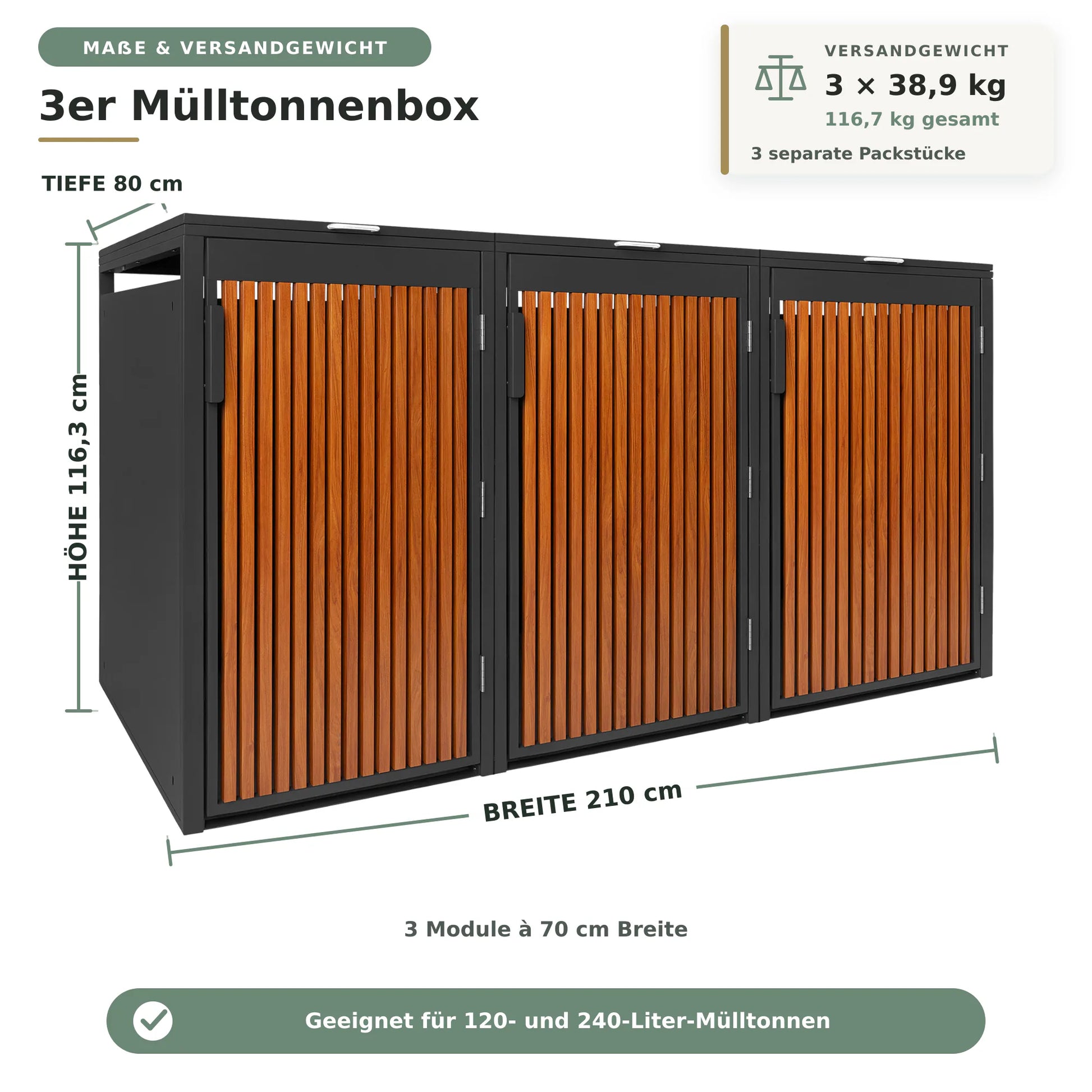 Mülltonnenbox 3er Eiche nussbraun Maße und Versandgewicht