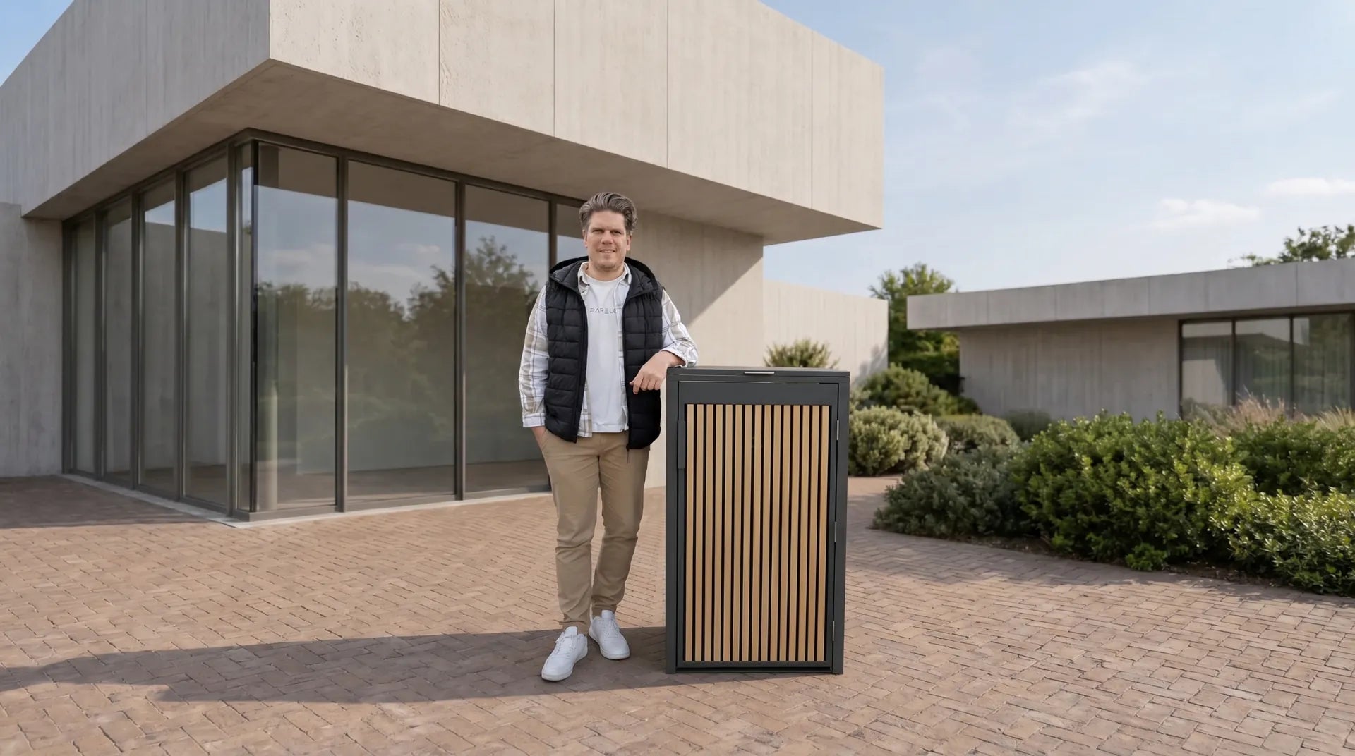 Stefan mit Panelo Mülltonnenbox vor modernen Gebäude