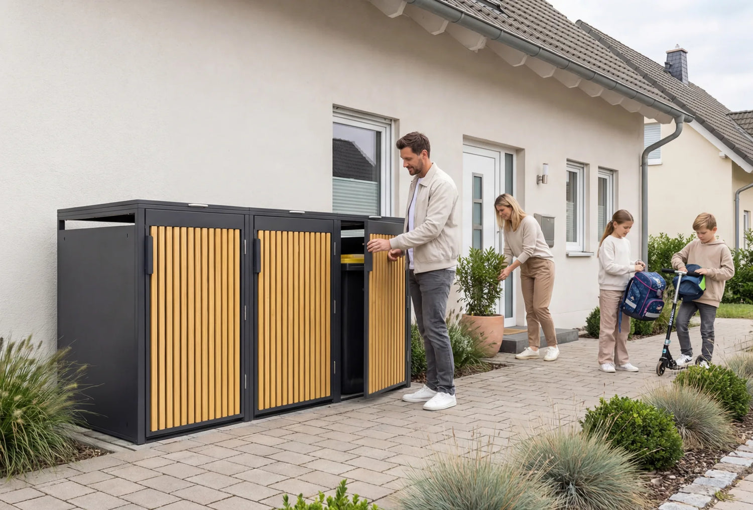 PANELO Mülltonnenbox 3er Eiche Natur beim öffnen
