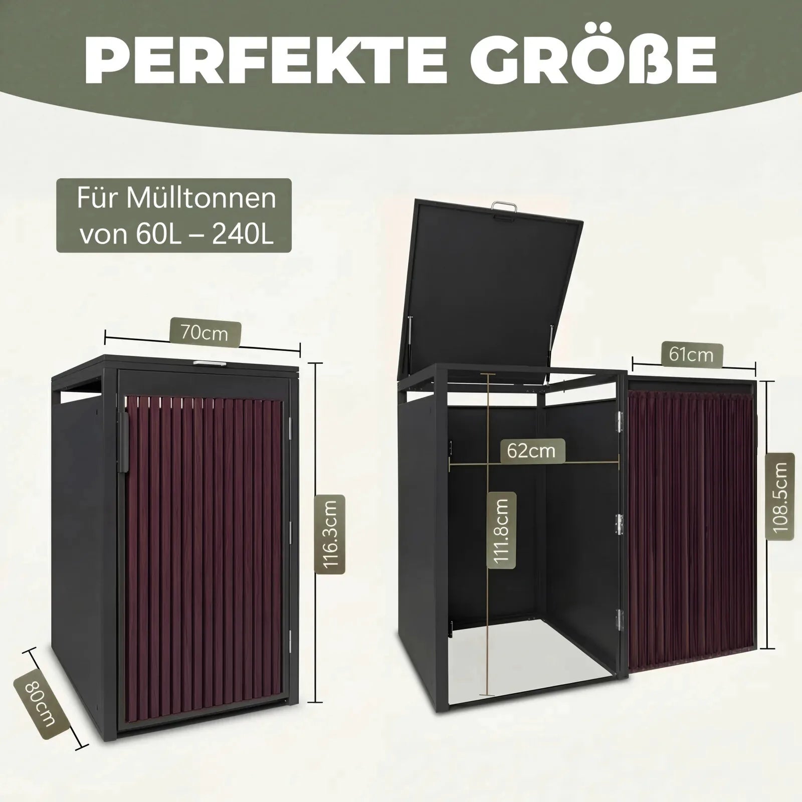 Maße der PANELO Mülltonnenbox für 60-, 120- und 240-Liter-Mülltonnen offen